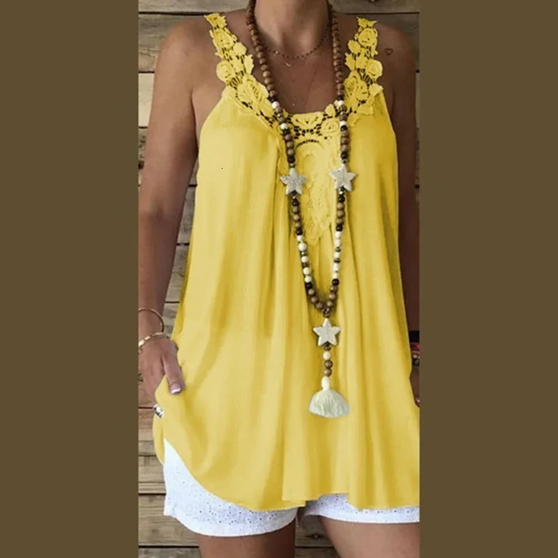 Fashion Trend Leisure Beach Summer Ladies Sexy Halter Top Pure Color Lace Hollow Round Neckline Suspenders Tshirt 250611