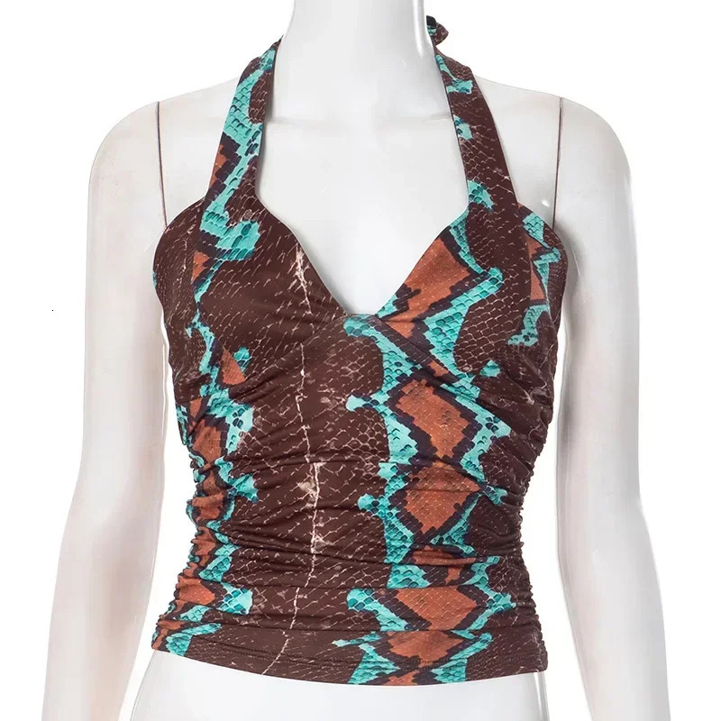 Serpentine Print Women Sexy Vneck Lace Up Halter Backless Pleated Tank Crop Tops Spring Y2K Streetwear Vests Club Tees 250611