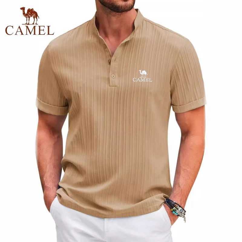 High End Embroidered CAMEL Cotton and Linen Striped Henry Polo Shirt New Summer Mens Retro Fashion Casual Short Sleeved Top Z250613