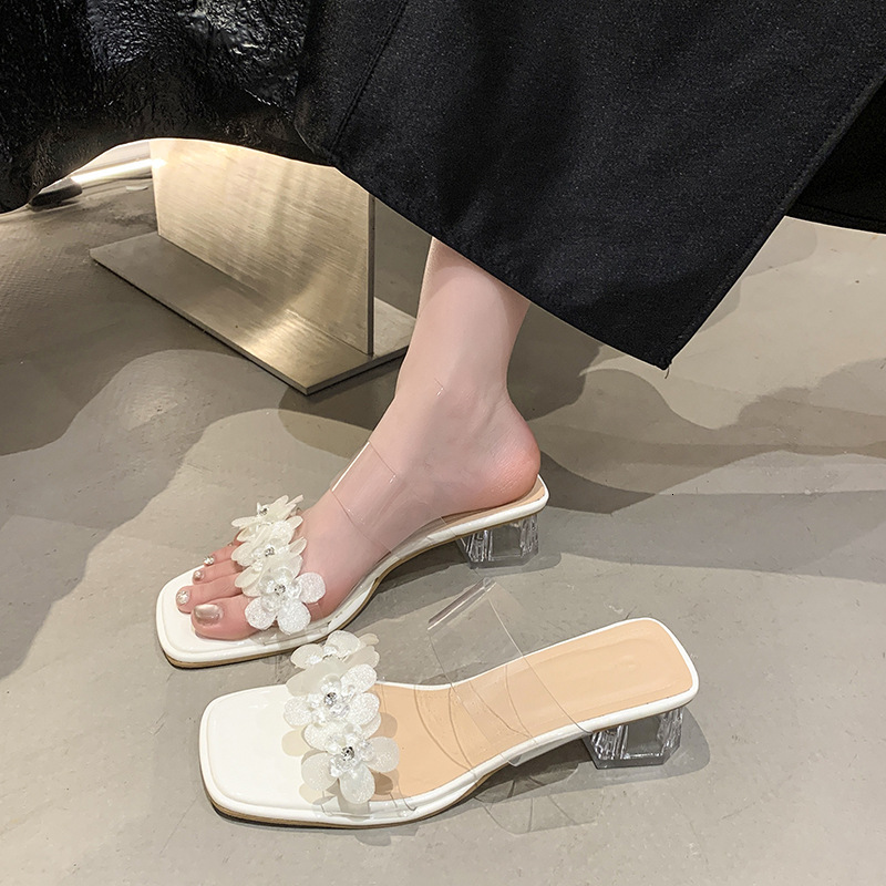 Ddmyoutdoor Summer New Ins Trendy Internet Celebrity Fashion One Strap Transparent Sandals Women High Heels Crystal Chunky Heel Slippers Outdoor Shoes