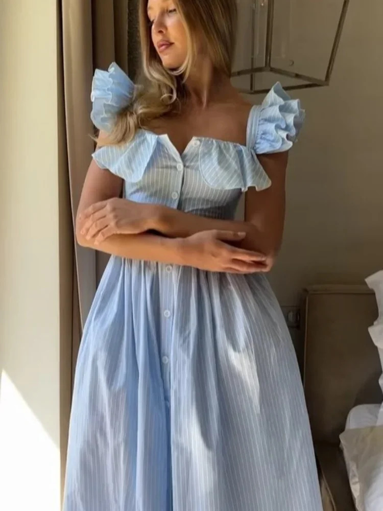 Casual Striped Womens Long Dresses Chic Single-breasted Short Puff Sleeve Female Vestidos Summer Slim Fit Lady Robes 250613