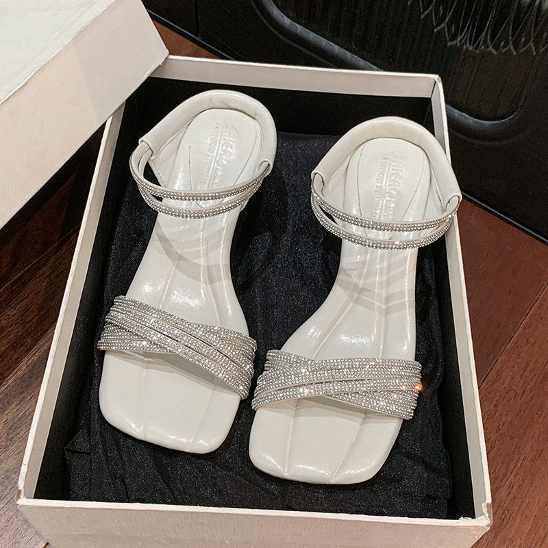 Ddmyoutdoor Fairy Style French Rhinestone One Strap Square Toe For Women Summer Outdoor Thin Heel High Heels Elegant Open Sandals Outdoor Shoes