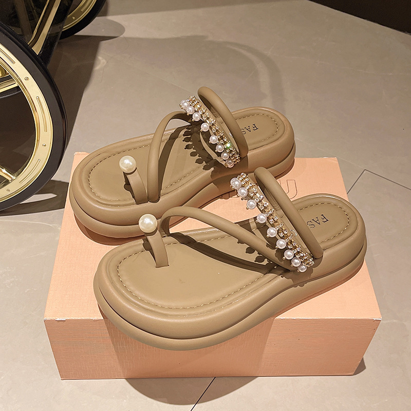 Ddmyoutdoor Platform Chain Pearl Slippers For Women Summer New Style Open Toe Beach Sandals Casual Dress Shoes Slip On Outdoor Shoes