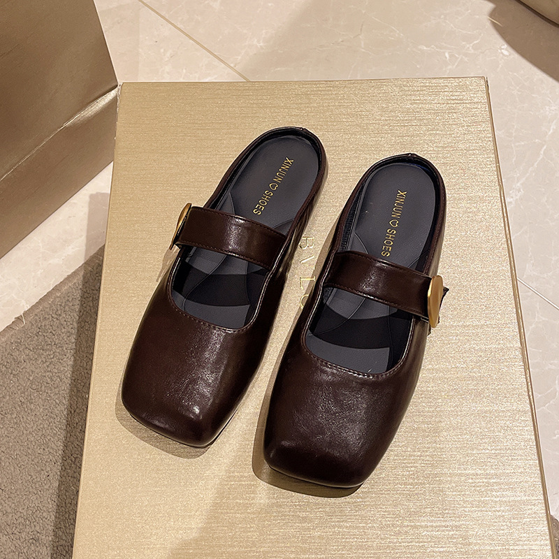 Ddmyoutdoor Soft Leather Outdoor Closed Toe For Women Spring New Versatile Flat Square Lazy Slip On Half Slippers Outdoor Shoes