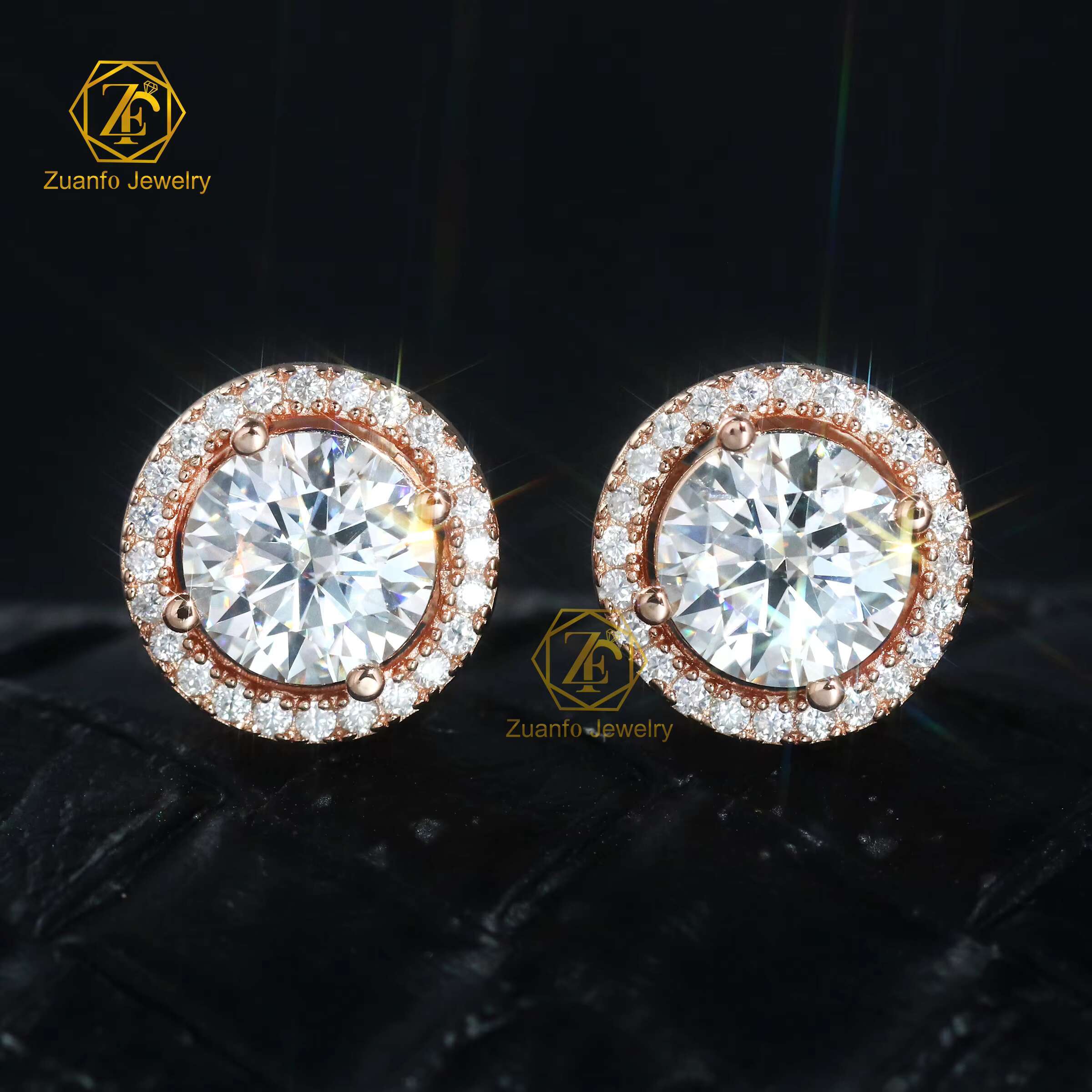 Newest Luxury Gold Plated Halo Trendy Wedding 925 Sterling Silver Wholesale Halo Moissanite Earrings with VVS Diamond Classic