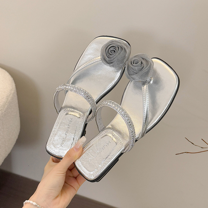 Ddmyoutdoor French Chunky Heel Slippers For Women Summer New Fairy Style Flower Rhinestone Toe Ring Dress Sandals Outdoor Shoes