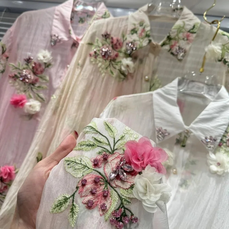 Woman Diamonds Beaded 3D Flowers ed Chiffon Shirt Floral Crystal Net Yarn Blouses Sun Protection Gauze Rhinestones Tops 250611