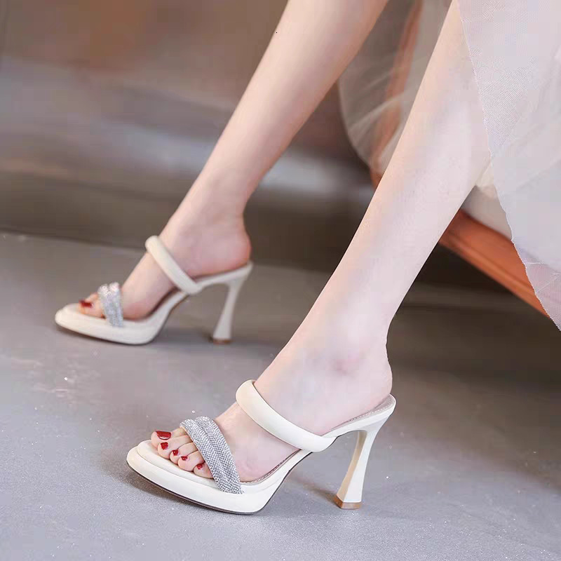 Ddmyoutdoor Petite Heels Not Tiring Feet Summer New Rhinestone One Strap Internet Celebrity High Heel Sandals Outdoor Shoes