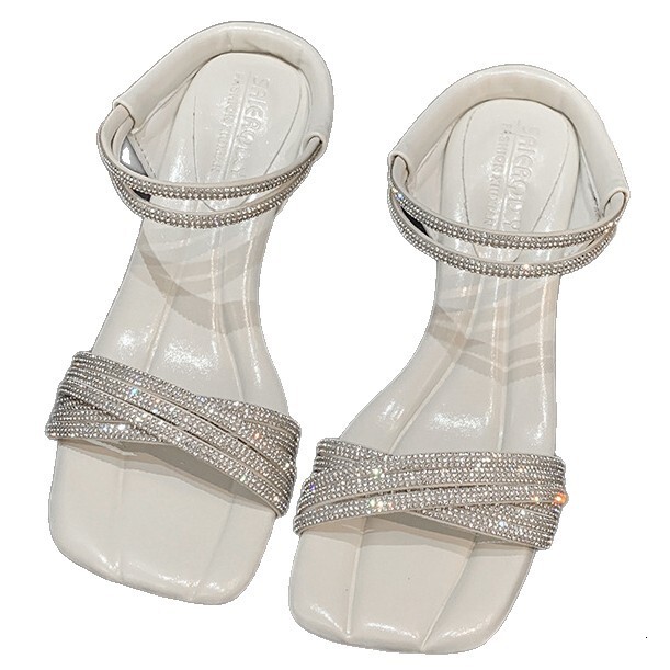 Ddmyoutdoor Fairy Style French Rhinestone One Strap Square Toe For Women Summer Outdoor Thin Heel High Heels Elegant Open Sandals Outdoor Shoes