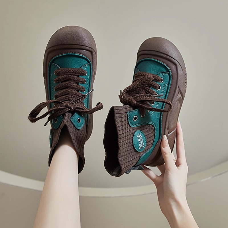 Ddmysports New Color Block High Top Martin Sock For Women Leather Soft Thick Sole Height Increasing Fashion Boots Outdoor Shoes
