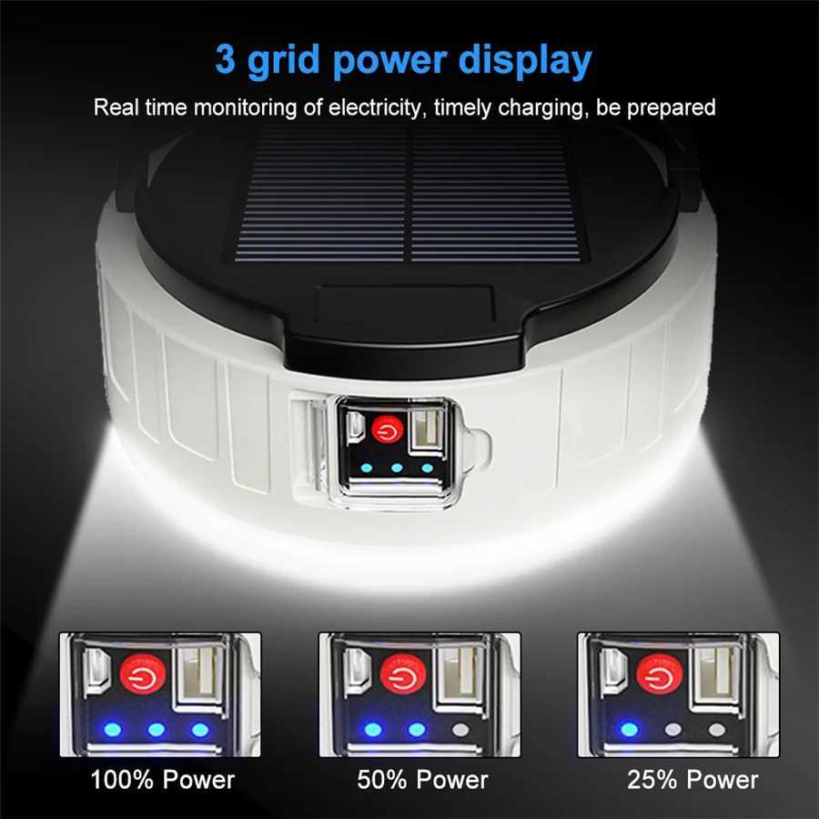 Portable LED Outdoor Solar Lights 3 Modes Rechargeable Emergency Night Market Light Home Waterproof Tent Lamp for Hiking Camping W250613