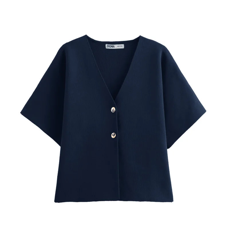 Plain knit shortsleeved cardigan for women traf With metal buttons decoration Vneck and loose short sleeve n 250612