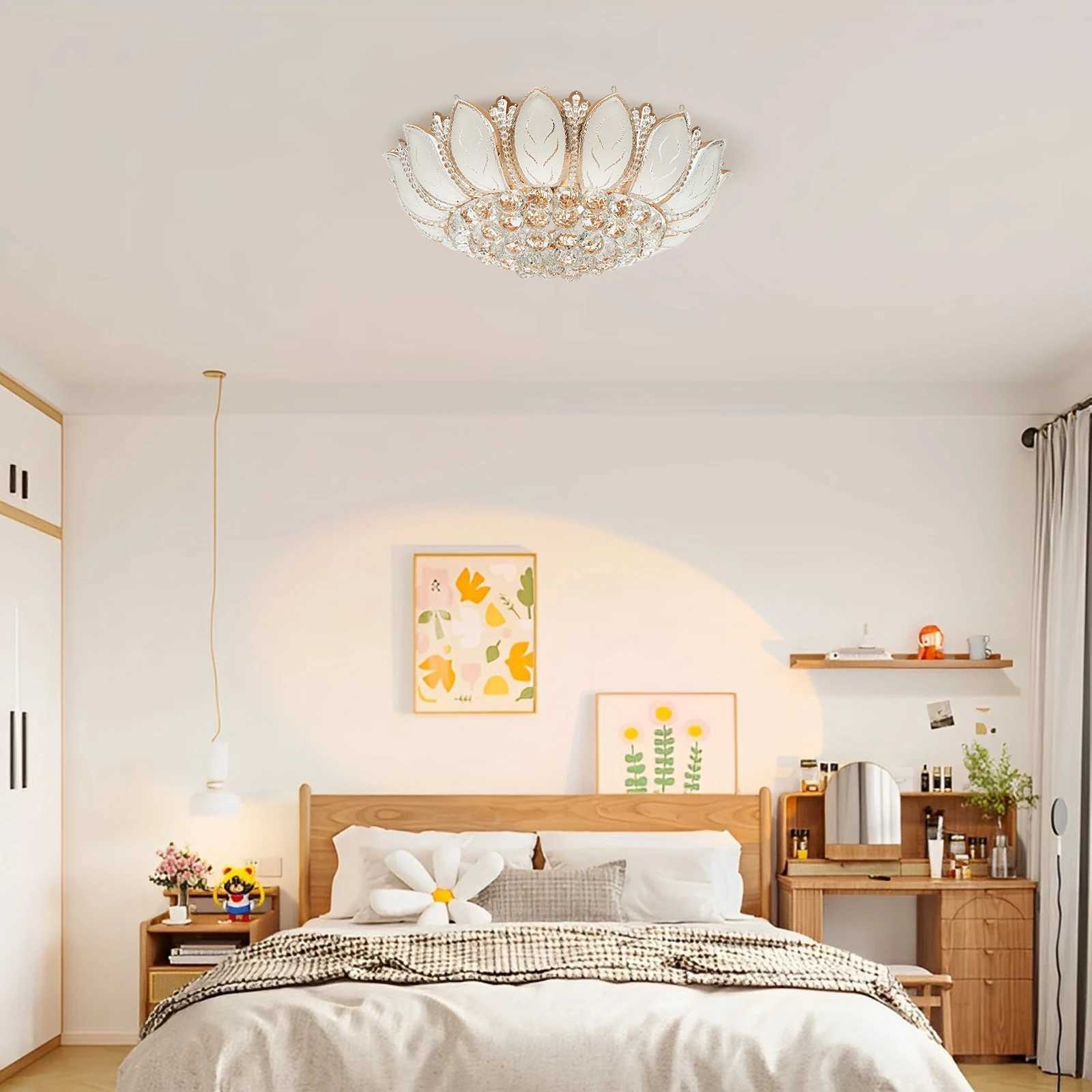 Modern Crystal Chandelier Dimmable Luxury Flush Mount LED Ceiling Lamp - Lotus Flower Shape Pendant Lighting Fixture 110V Gold XJ2500613