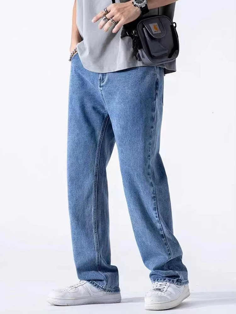 Mens Straight Jeans Korean Fashion Elastic Banded Wide Leg Blue Denim Pants Casual Baggy Jeans Trousers 250529