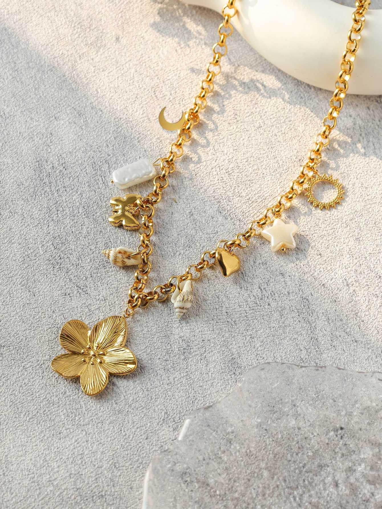 Star Butterfly Moon Flower Shell Pearl Pendant Necklace Stainless Steel Waterproof Fashion Women Jewelry Gold Ornaments Gift Z250614