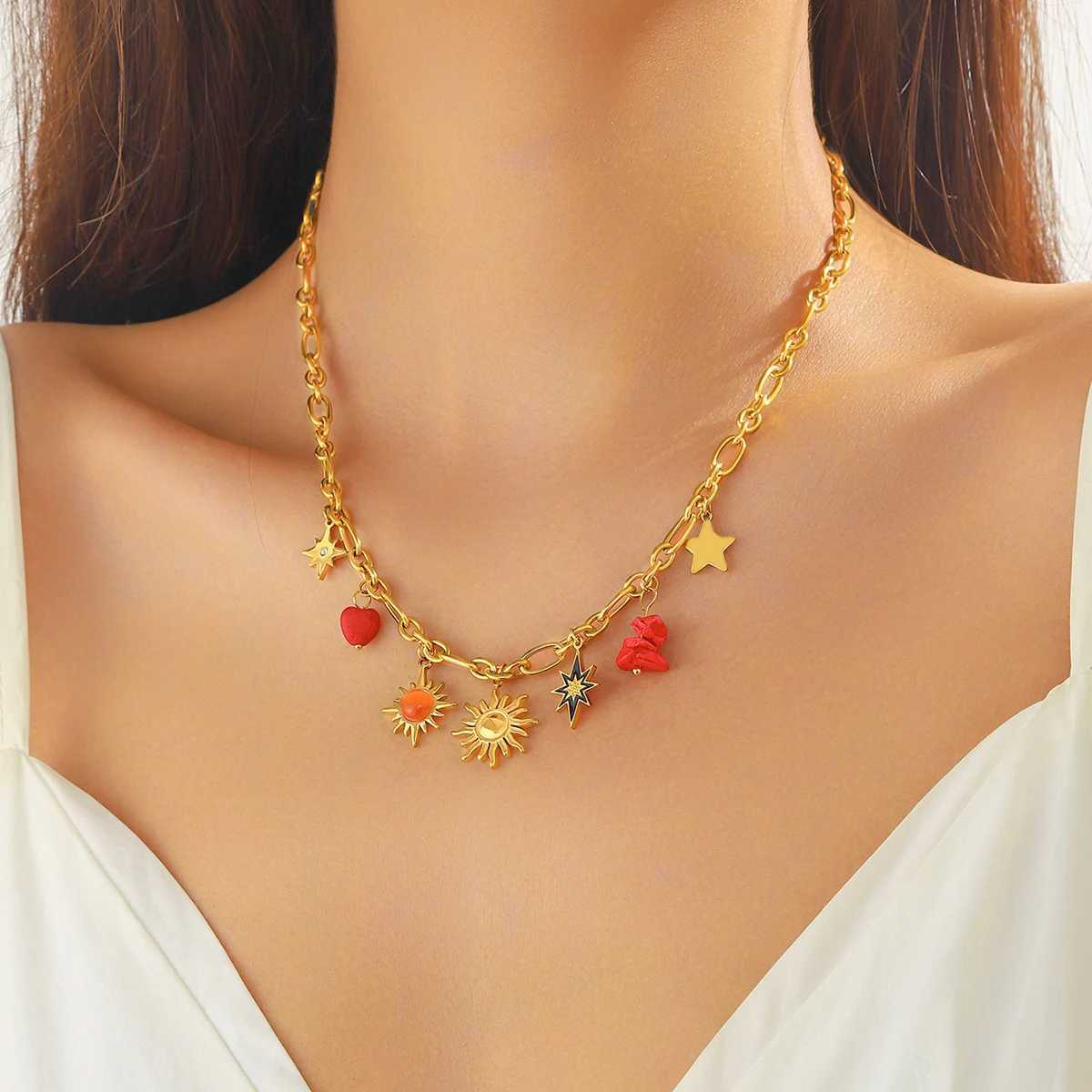 LAMENGLY 316L Stainless Steel Dopamine 5-Leaf Flower Bow Sun Heart Cherry Necklace Womens Novel Chic Neck Chain Holiday Gifts Z250614