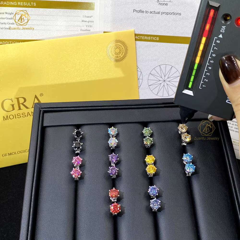 Gold Plated 6.5mm Moissanite Stud Earrings Blue Green Pink 6-Prong Push Back Design Cute Style for Anniversary Occasions