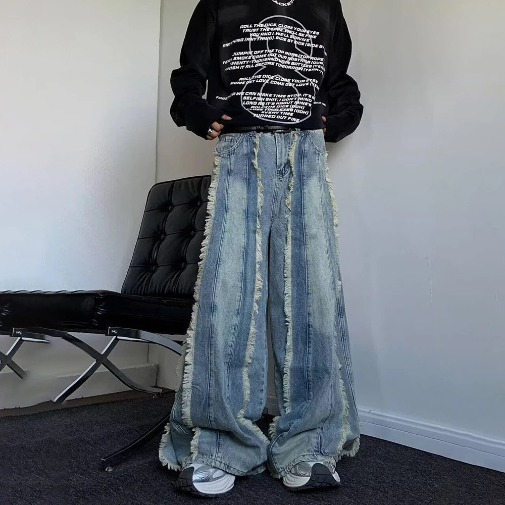 Mens Pants Heavy-Duty Frayed Edge Splicing Washed Worn Denim Jeans Autumn Hawaiian Vintage Baggy Wide Leg Pants Unisex 250612
