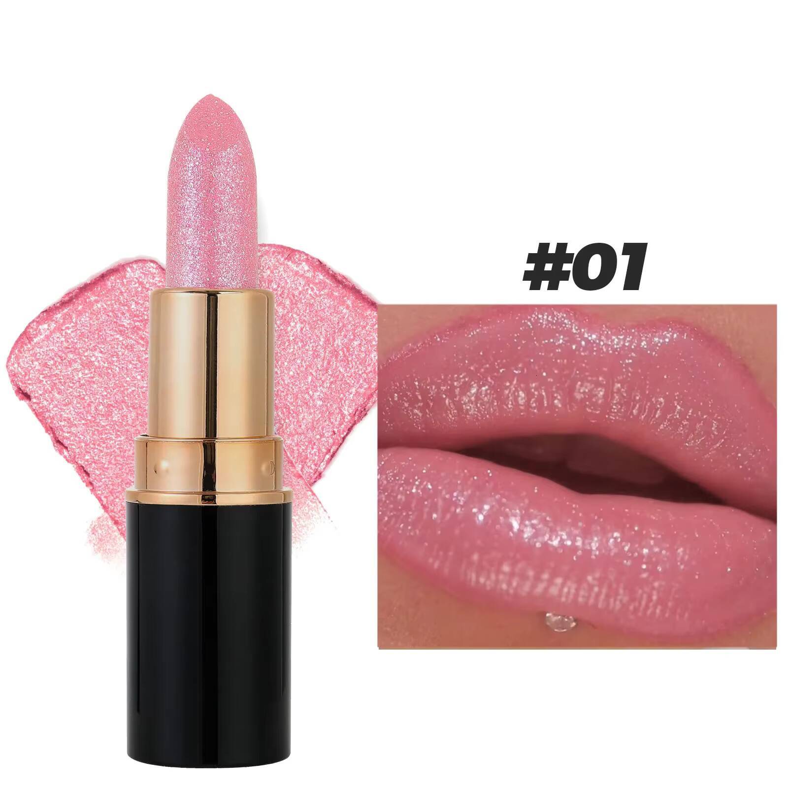 Matte Glitter Lipstick Waterproof Lasting Moisturizing Diamond Glaze Sexy Nude Shimmer Black Tube Lip Tint Makeup happy