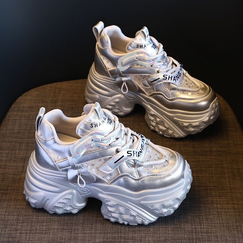 Petite Thick-Soled Height-Increasing Dad Sneakers 2025 Winter New Korean Fashion Sequin Casual Designer casual shoes High-Heeled Shoes for Women