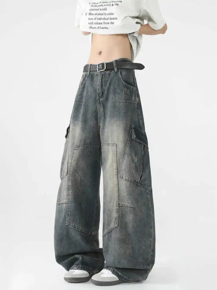 Women Dark Blue Y2k Cargo Jeans Baggy Grunge Denim Trousers Vintage Boyfriend Long Pants Japanese 2000s Style Clothes 250612