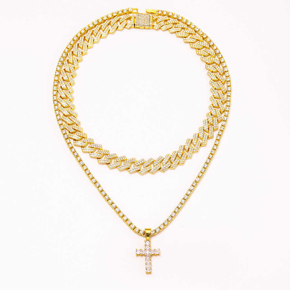 Diamond-studded cross pendant in alloy Cuban chain, single row chain with loop, versatile accessory for all occasions, hip-hop necklace X250224