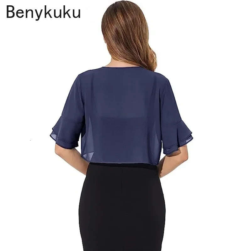 Open Stitch Chiffon Ruffle Sleeve Shrug Cardigan Fashion Sheer Bolero Navy Blue Women Cropped Top Cover Up Shawl Coat 250611
