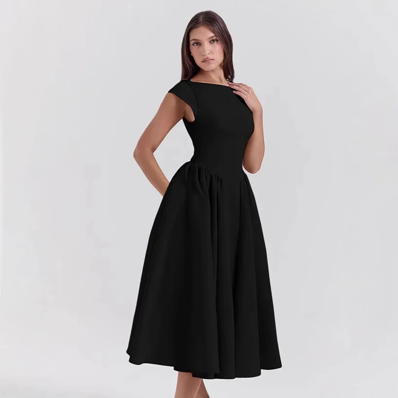 VEITCHE Summer Women Backless Aline Sexy Maxi Dress Gown Solid Hollow Out Sleeveless High Waist Club French Style Pleated 250613