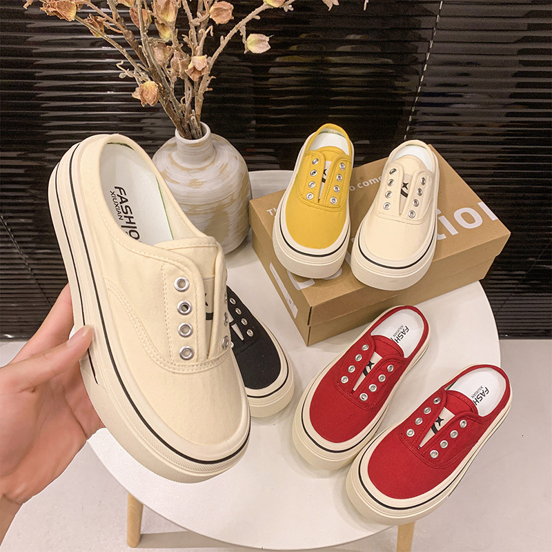 Ddmyoutdoor Baotou Half Slippers For Women Summer New Casual Canvas Shoes Without Heel Versatile Lazy Slip On Thick Sole Ins Outdoor Shoes