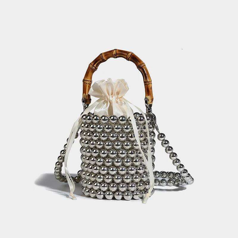 New Beading Acrylic Pearl Handbag Fashion Bamboo Handle Women's Cylindrical Shape Drawstring Evening Clutches Bag