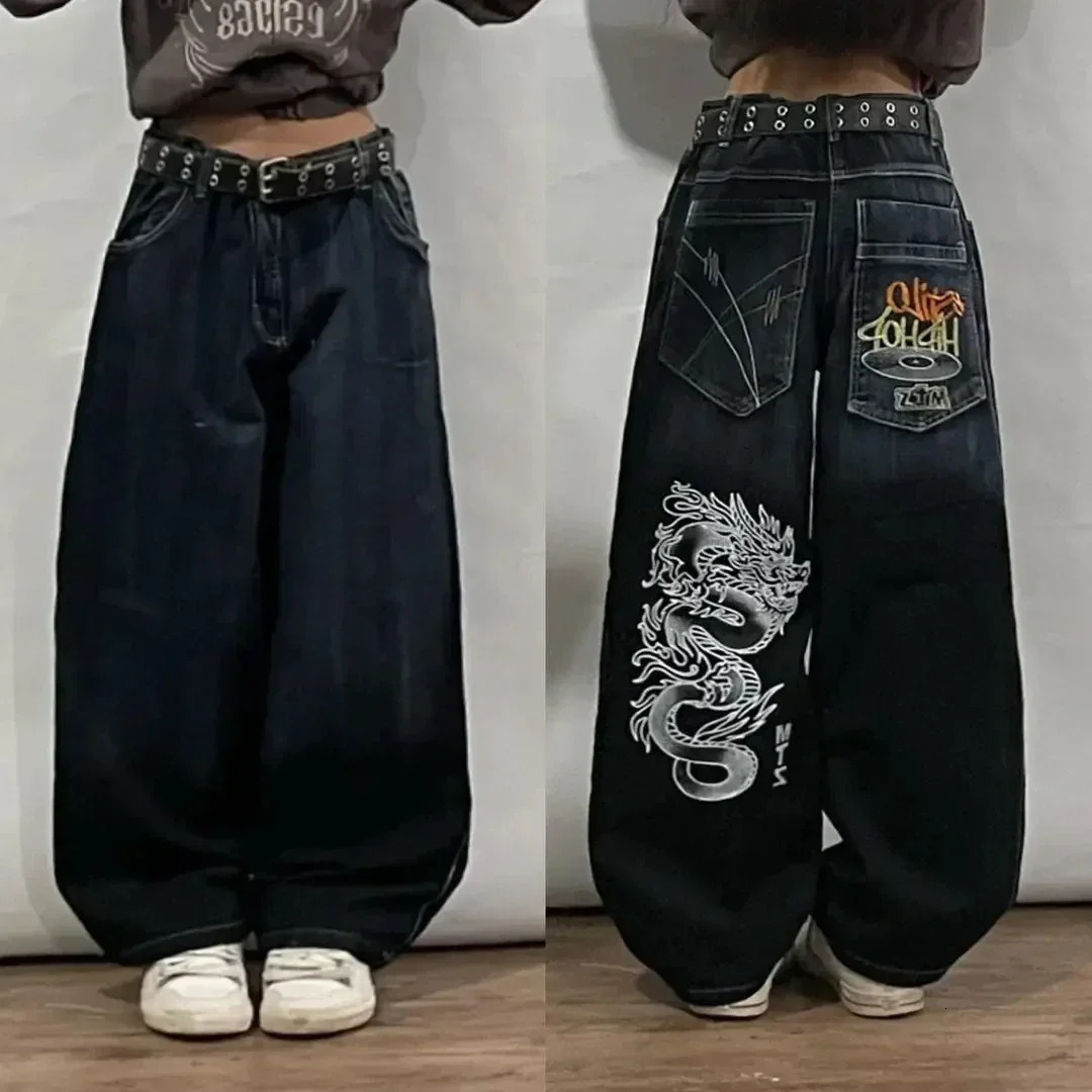 American Hip Hop Retro Gothic Print Jeans Women Y2K Street Fashion Loose Straight Wide Leg Pants Unisex Joker Jeans 250612