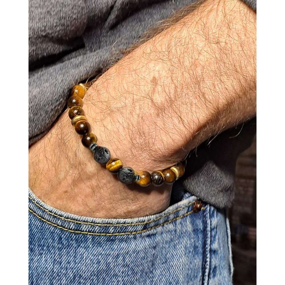 Mens Natural Stone Bracelets 8MM Stretch Adjustable Tiger Eye, Matte Agate, Lava Rock Beaded Bracelet Set for Men Women Gifts