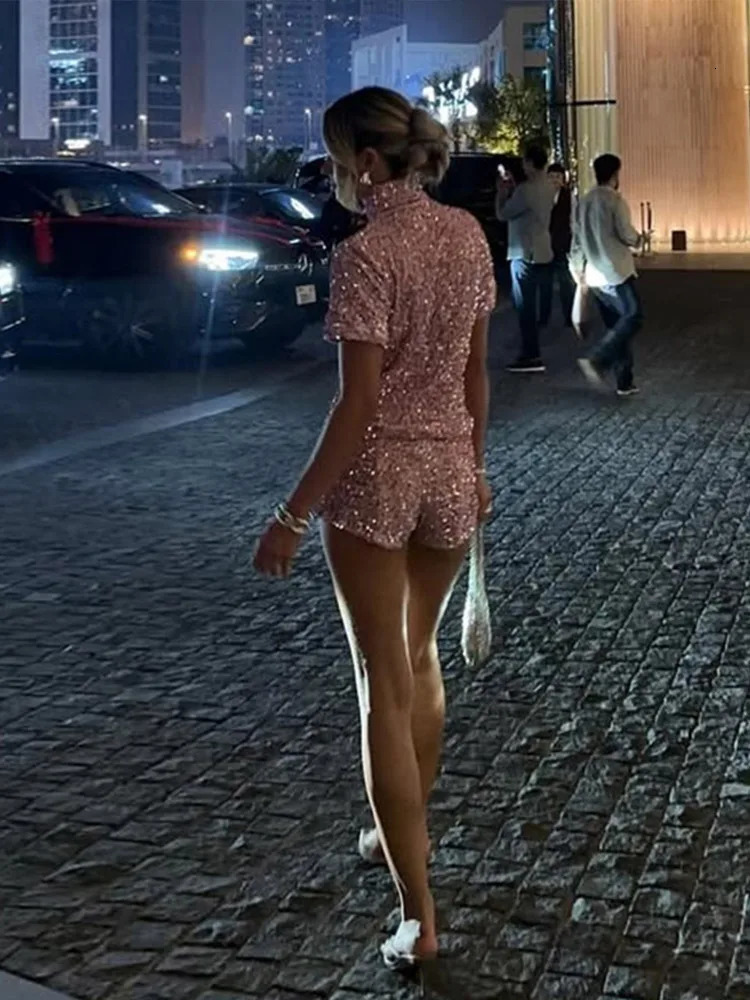 Sequin High Neck T-shirt Top Shorts 2 Piece Set Glitter Socialite Slim Fit Nightclub Blouse Trendy Trousers Womens Suit Summer 250529