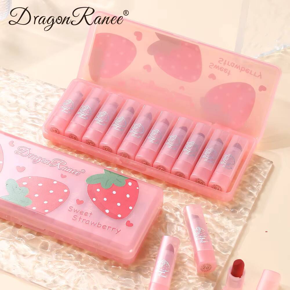 Dragon Ranee Matte Velvet Pink Strawberry Translucent 10 Pieces Waterproof Sweatproof Non-Stick Lipstick Set happy