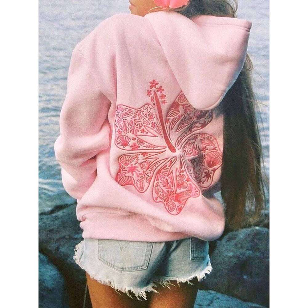 Women s Floral Embroidered Long Sleeve Beach Hoodie Oversized Sweatshirt Casual Streetwear Pullover Top