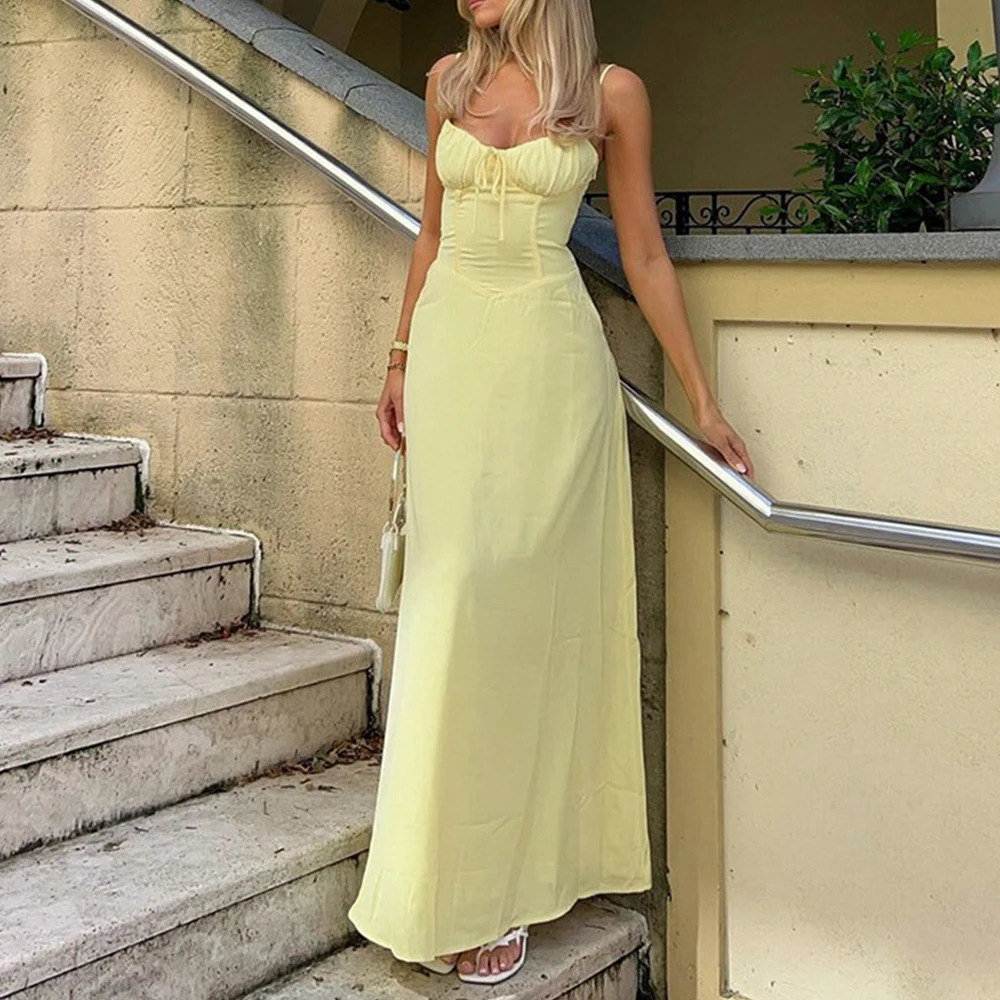 Womens Solid Spaghetti Lace Up A-Line Long Maxi Dress Summer Ladies Slim Fit Beach Holiday Vacation Sundress Size S-2XL 250613