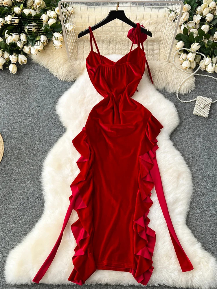 SINGREINY Summer Velvet Party Long Dress Strap Ruffles Sweet Split Beach Sundress Korean Streetwear Korean 3D Floral Midi Dress 250612
