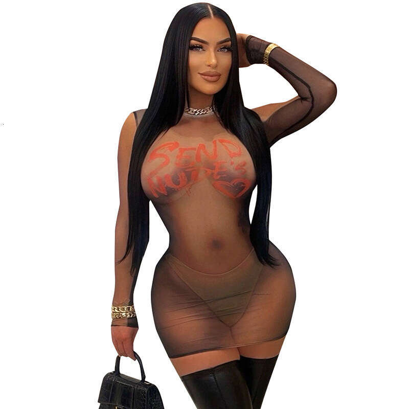 D23ds410 Women's Winter New Round Neck Long Sleeve Printed Sheer Pullover Bodycon Short Dress B5