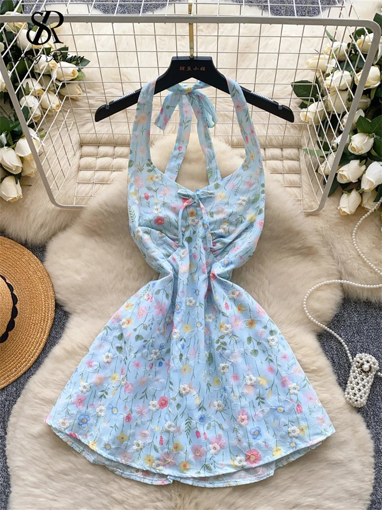 SINGREINY Summer sweet Backless Tank Top Female Halter Sleeveless Elastic Skinny Senior Sweet y Floral Camisole 250611
