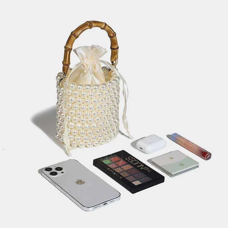 New Beading Acrylic Pearl Handbag Fashion Bamboo Handle Women's Cylindrical Shape Drawstring Evening Clutches Bag