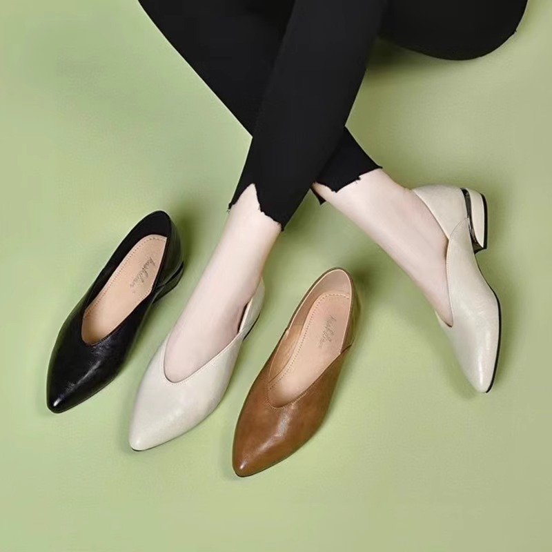 Ddmysports Shallow Mouth Single Spring New Soft Sole Leather Slip On Women S Pointed Toe Thick Heel Grandma Shoes Outdoor Shoes