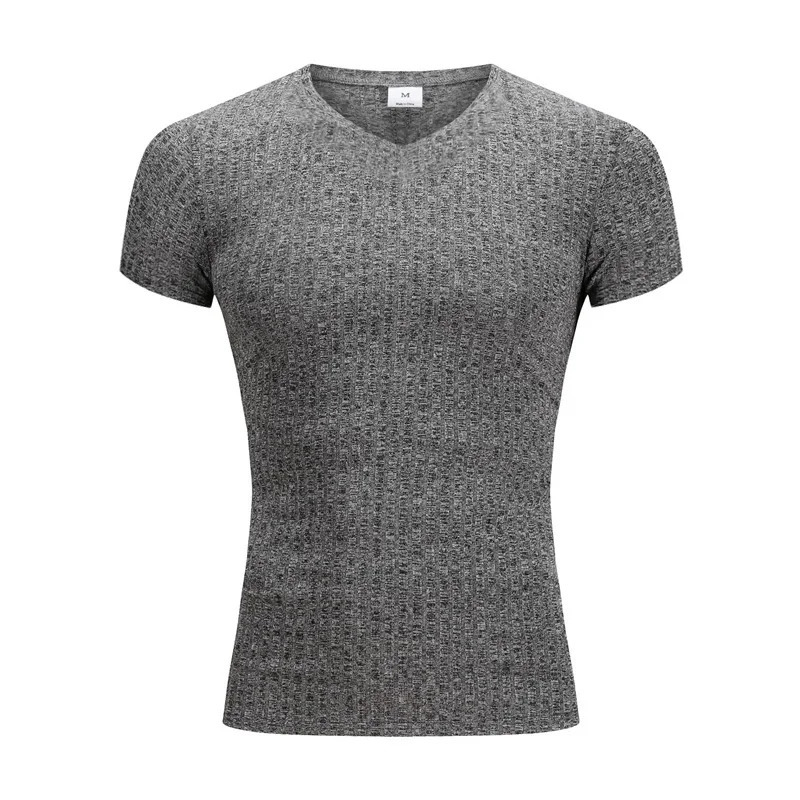 Mens V Neck Short Sleeve T Shirt Fitness Slim Fit Sports T-shirt Solid Fashion Strips Tees Tops Summer Knitted Gym Clothing 250529