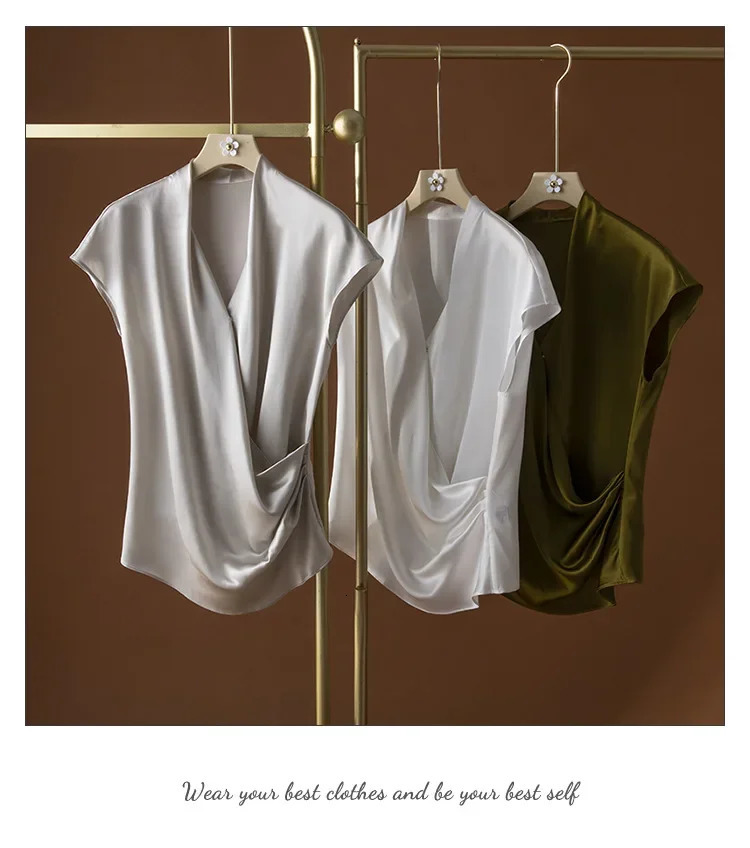 Mulberry Silk Summer Tops Loose Silk Short Sleeved T-shirts Womens V-neck Satin Women T Shirt Silk 250609