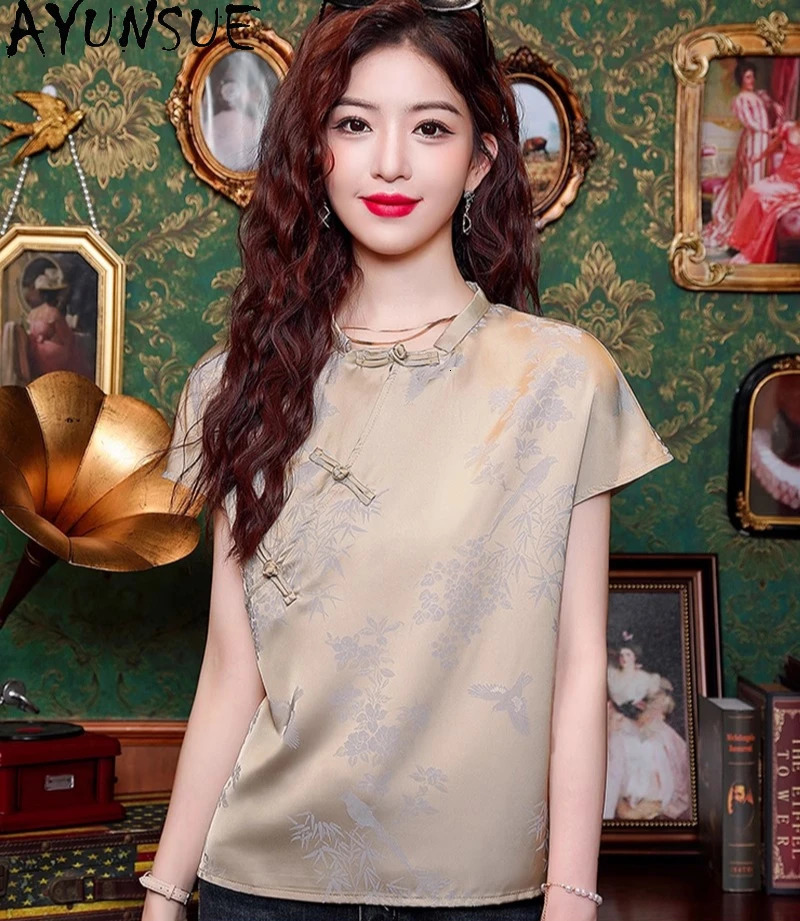 AYUNSUE Natural Mulberry Silk Blouse Woman Chinese Style Stand Collar Tops for Woman Clothes Short Sleeve Shirts Woman 2025 250609