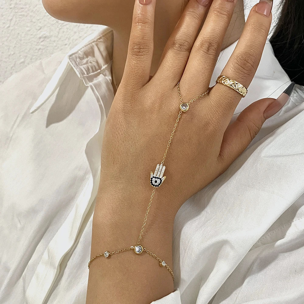 Devils Eye Palm Zircon Chain Bracelet for Women Link Connected Stainless Steel Finger Ring Bracelets Hand Harness Jewelry 250610