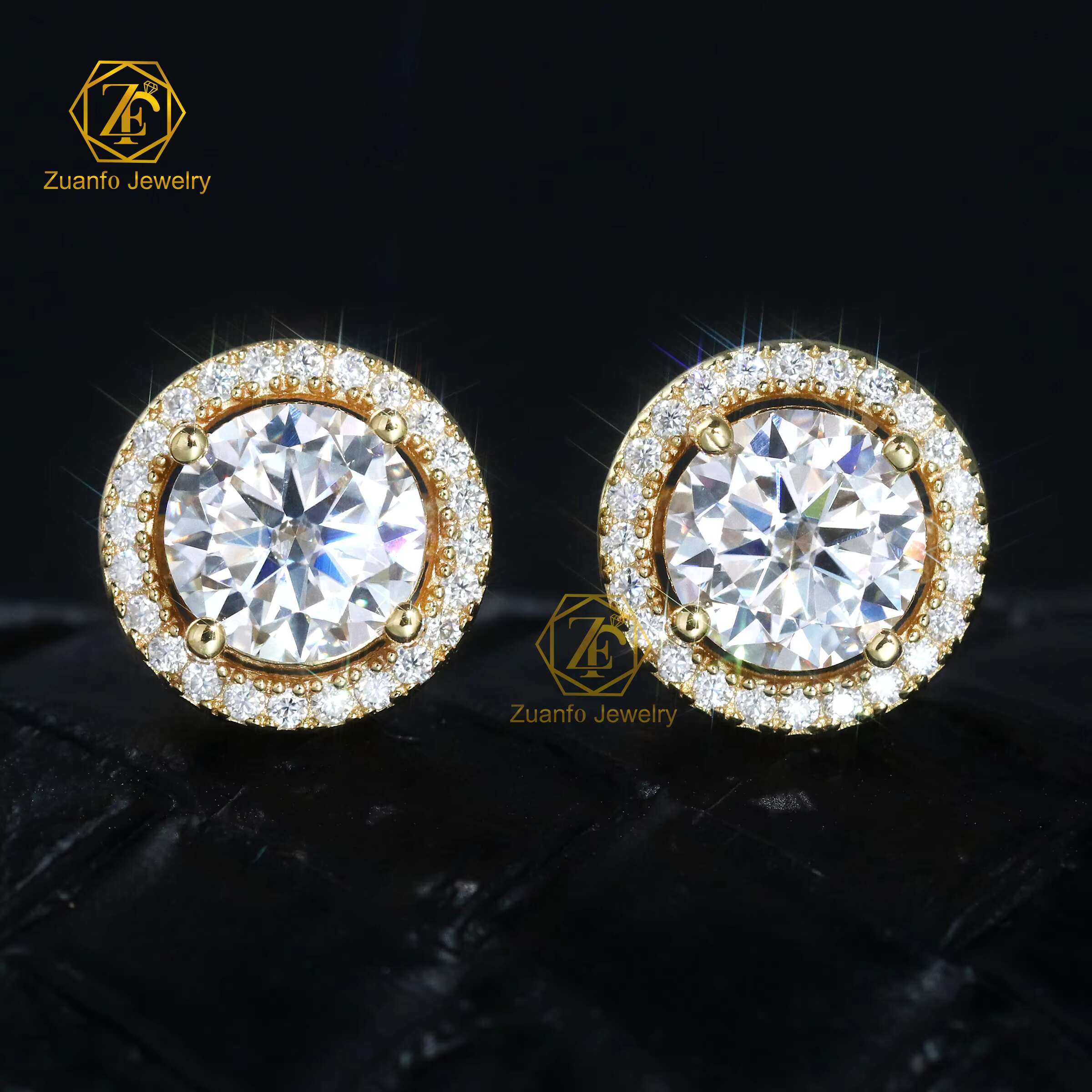 Newest Luxury Gold Plated Halo Trendy Wedding 925 Sterling Silver Wholesale Halo Moissanite Earrings with VVS Diamond Classic