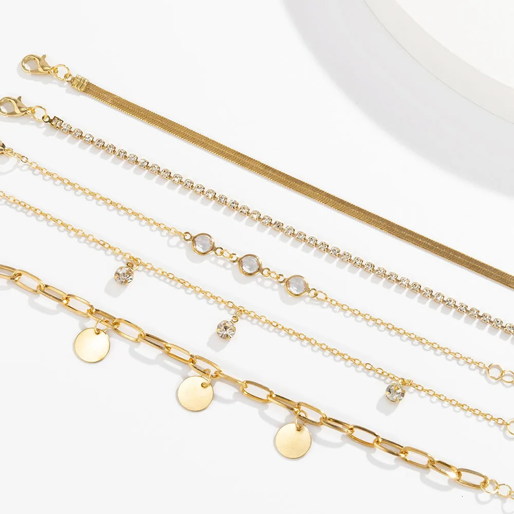 Boho Flat Snake Bone Chain Rhinestone Sequin Pendant Bracelet Set Lady Geometric Fashion Bracelets Combination Girl Jewelry 250610