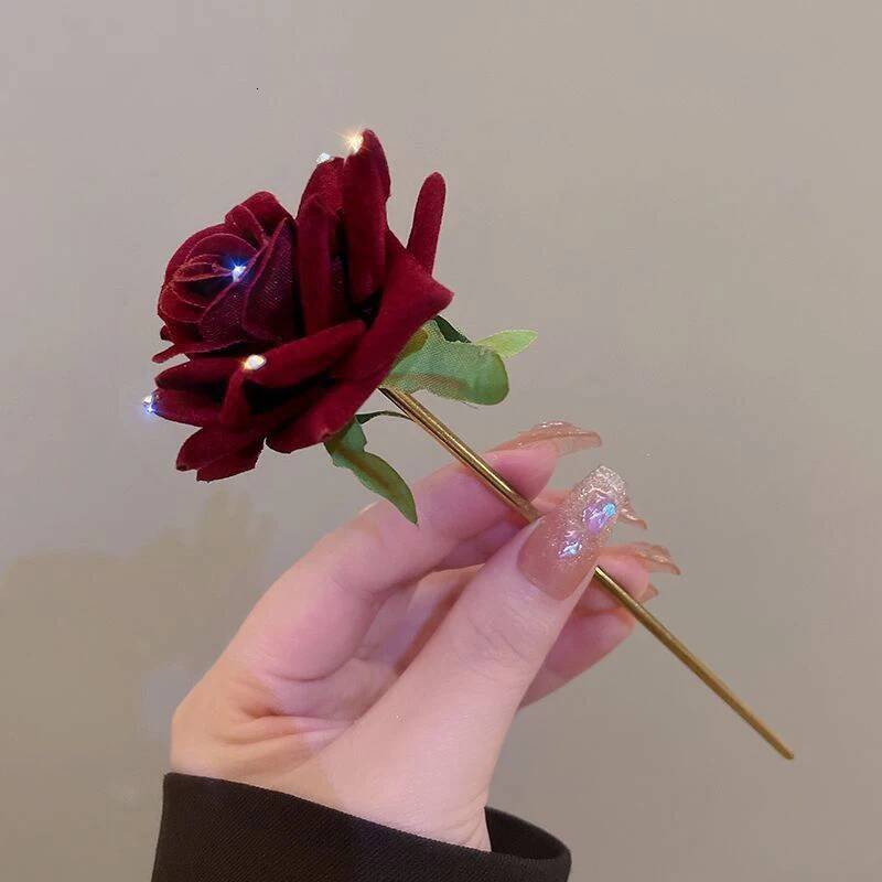 Romantic Rose Flocking Hairpin Flower Sticks With Rhinestone For Women Bridal Floral Hair Clip Headwear Jewellery