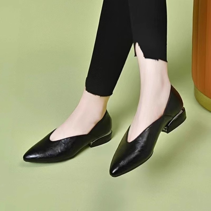 Ddmysports Shallow Mouth Single Spring New Soft Sole Leather Slip On Women S Pointed Toe Thick Heel Grandma Shoes Outdoor Shoes