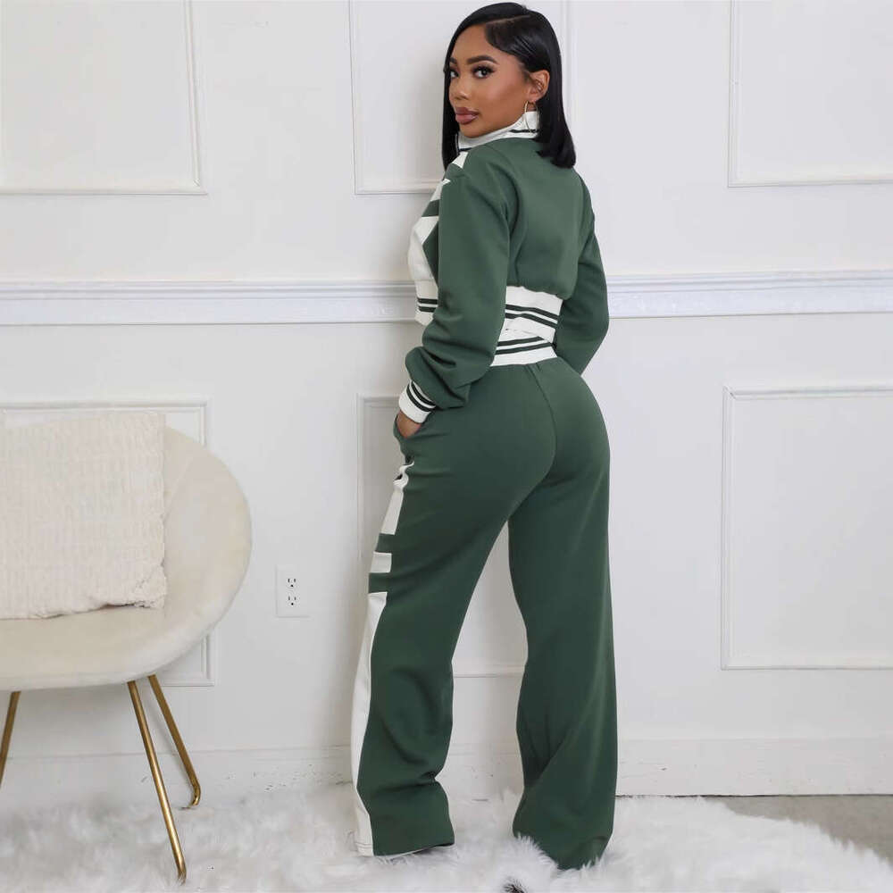 Autumn New Fashion Trend Color-Block Casual Sports Long Sleeve Jacket Top And Pants Set B5